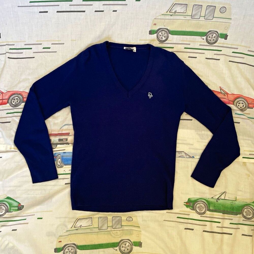 Vintage 70s or 80s Christian Dior Navy V-Neck Pullover Knit Sweater Size Large